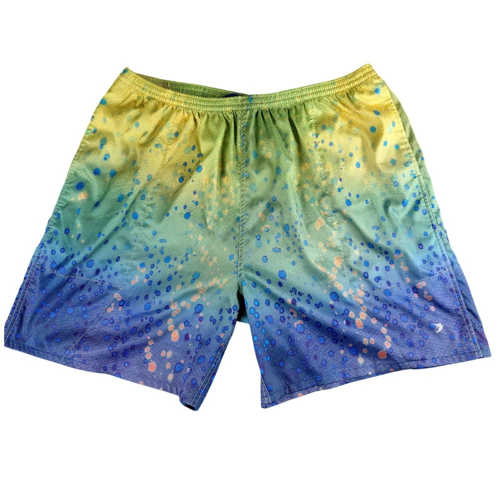 Reel Legends Mens XXL Mahi Mahi Performance Swim Trunks Blue Green Yellow Shorts